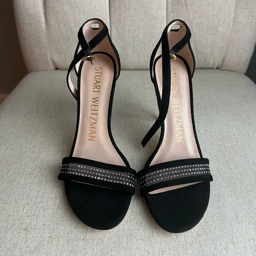 Stuart Weitzman Black Suede Ankle Strap Heels Size 4 Rhinestone Mesh Detail Rare